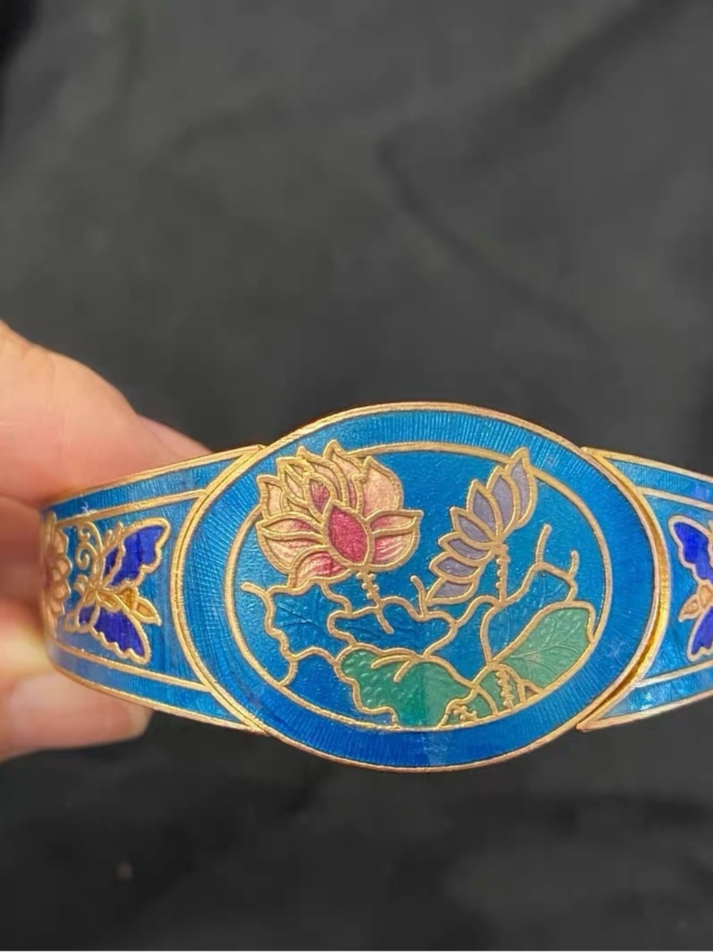 Vintage Cloisonné Enamel Bangle Bracelet - Butterfly & Lotus